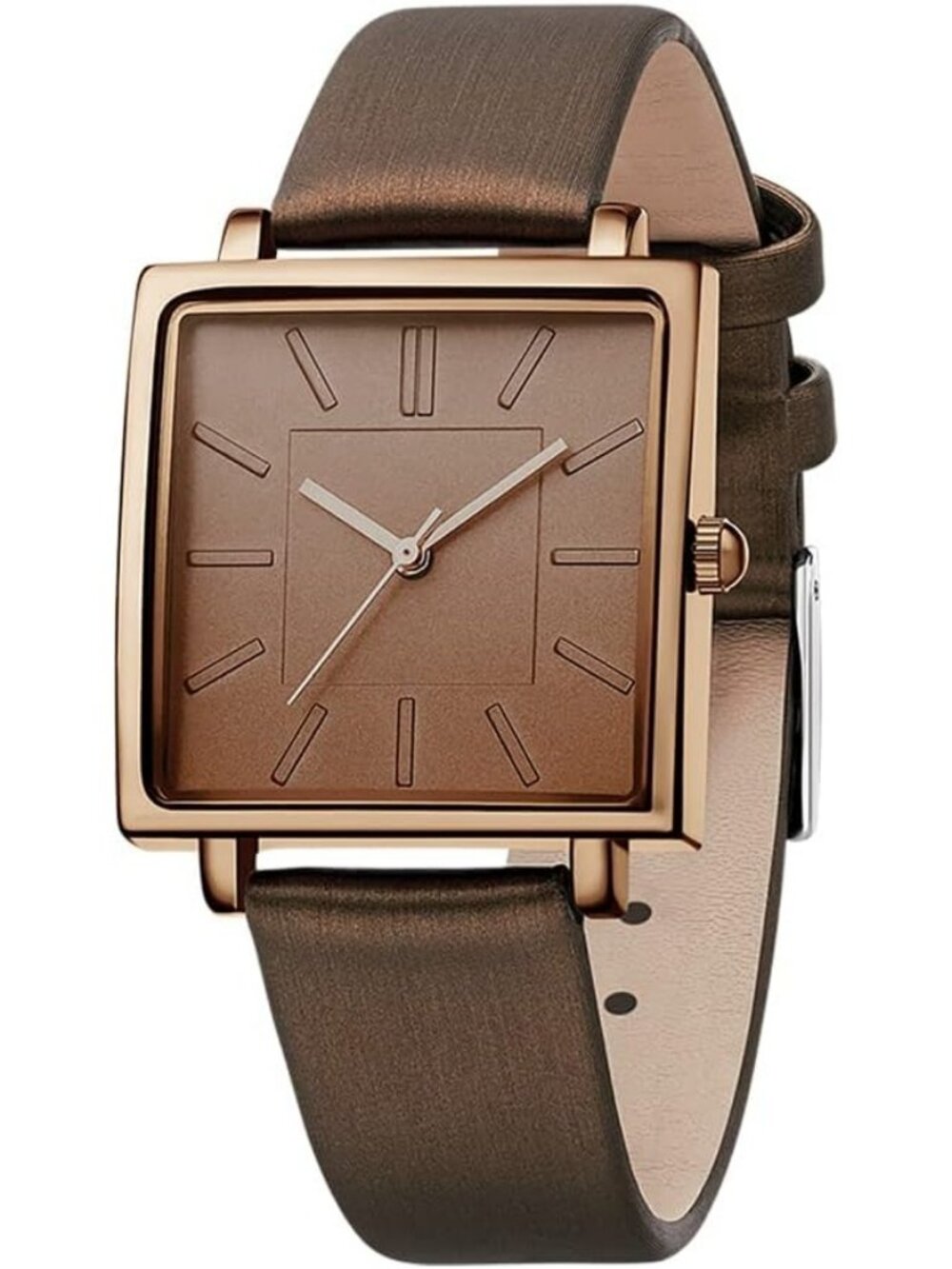 Women's Brown Square Dial Quartz Stainless Steel Case Leather Strap Wrist Watch